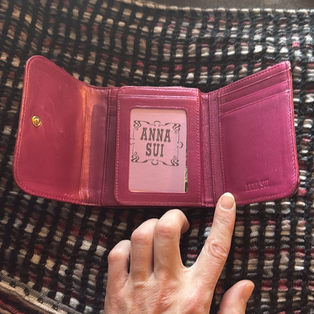 ♥️Great USED Condition Anna Sui Cherry Heart Embellished Red Leather Wallet - Picture 12 of 16